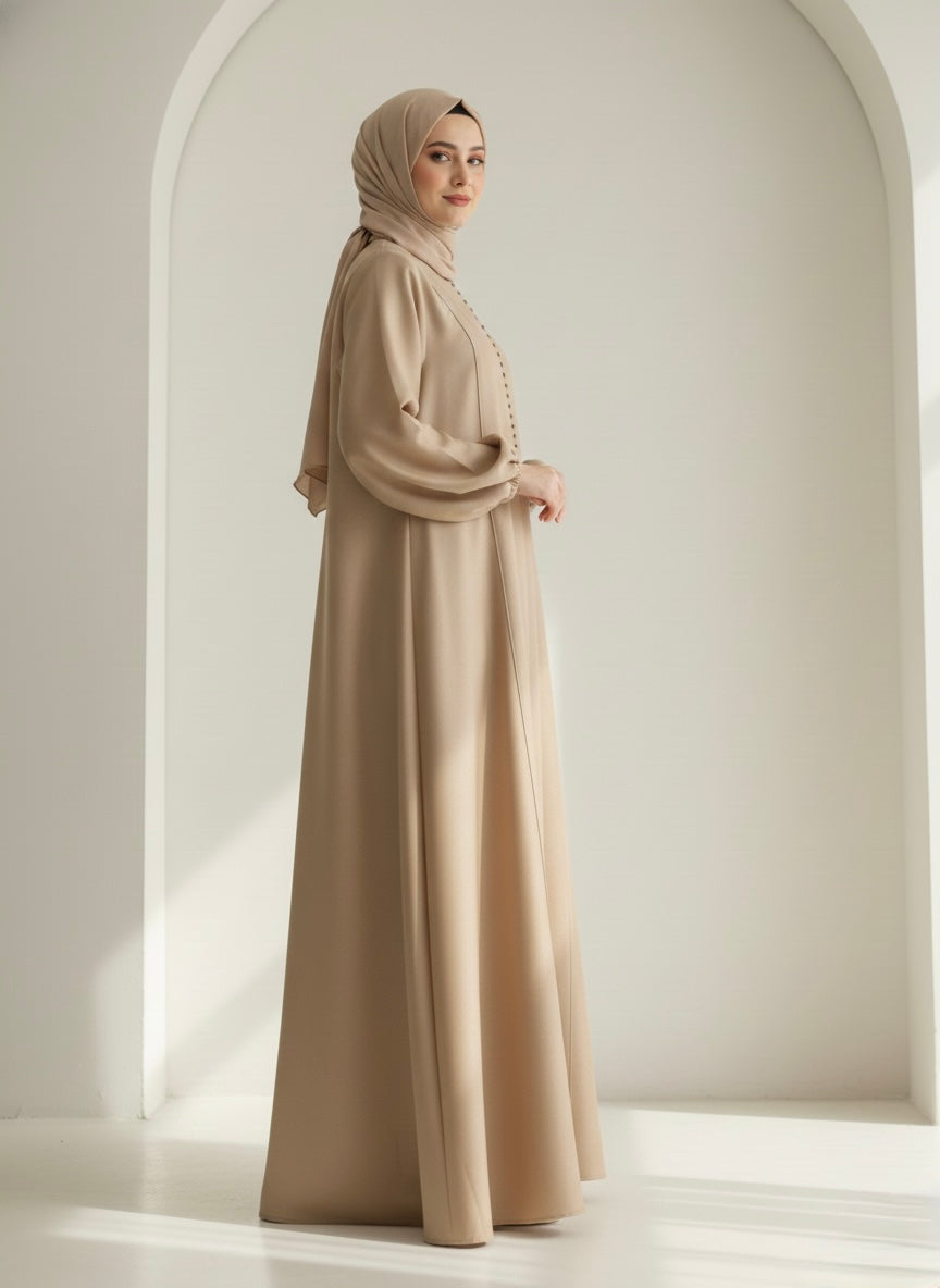 Elegant Golden Modest Abaya with Front Button Detail & Balloon Sleeves - Razia Hijab