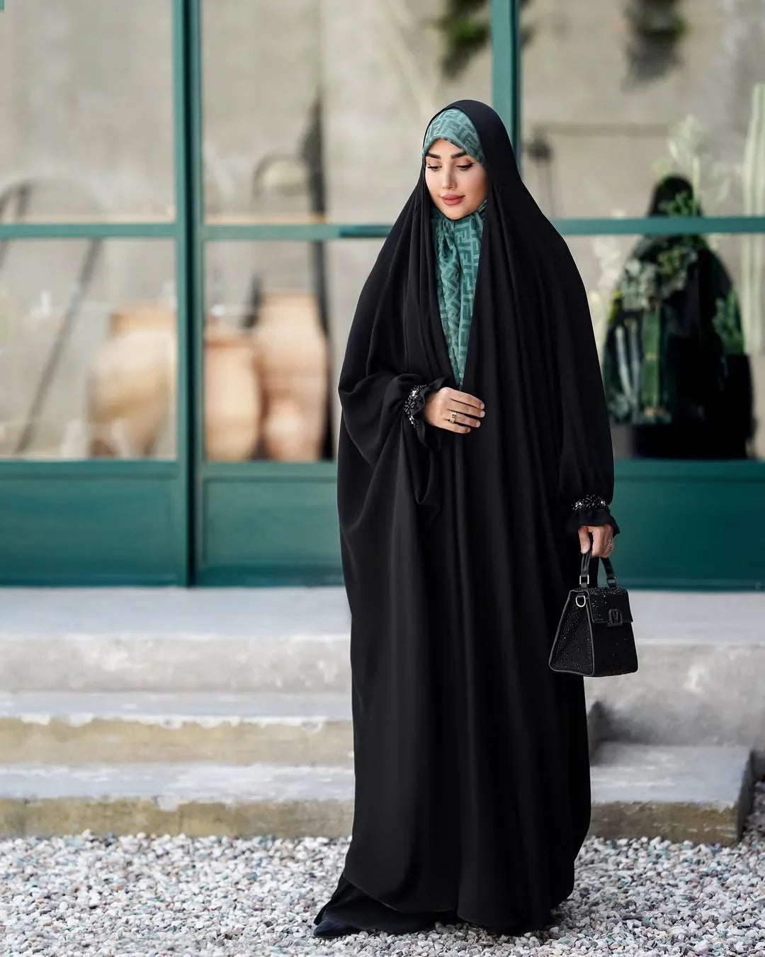 Iraqi Black Abaya – Original Nida Fabric with Handwork Sleeves - Razia Hijab