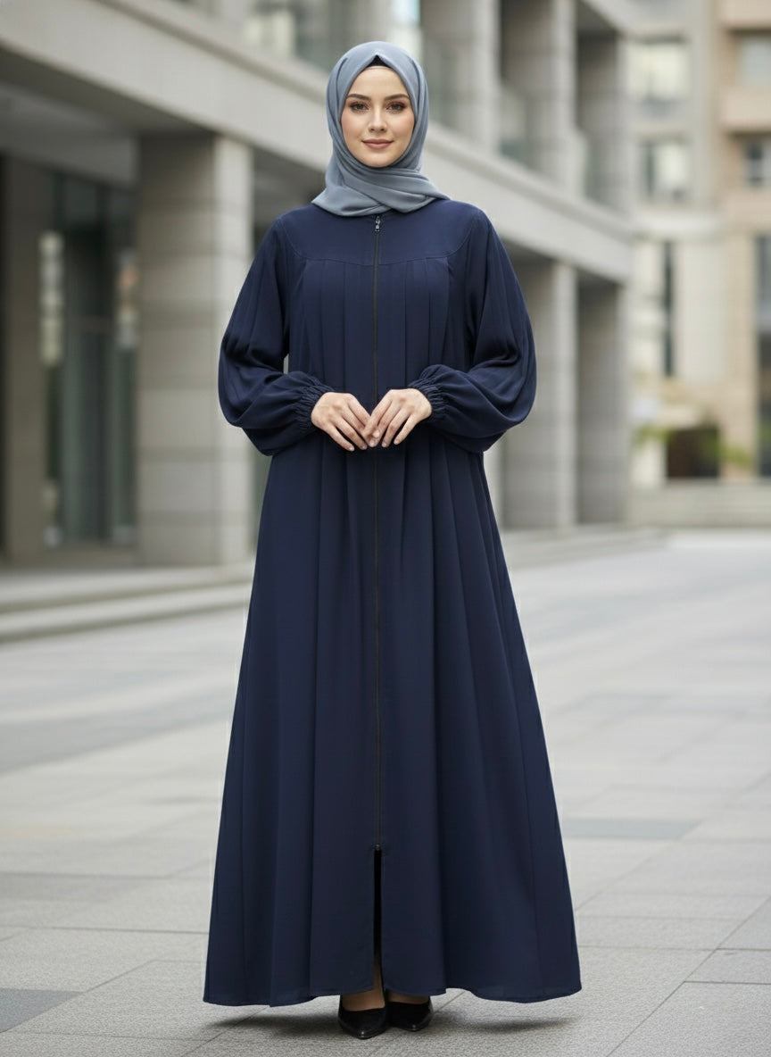 Navy Blue Zippered Abaya with Elastic Sleeves - Razia Hijab