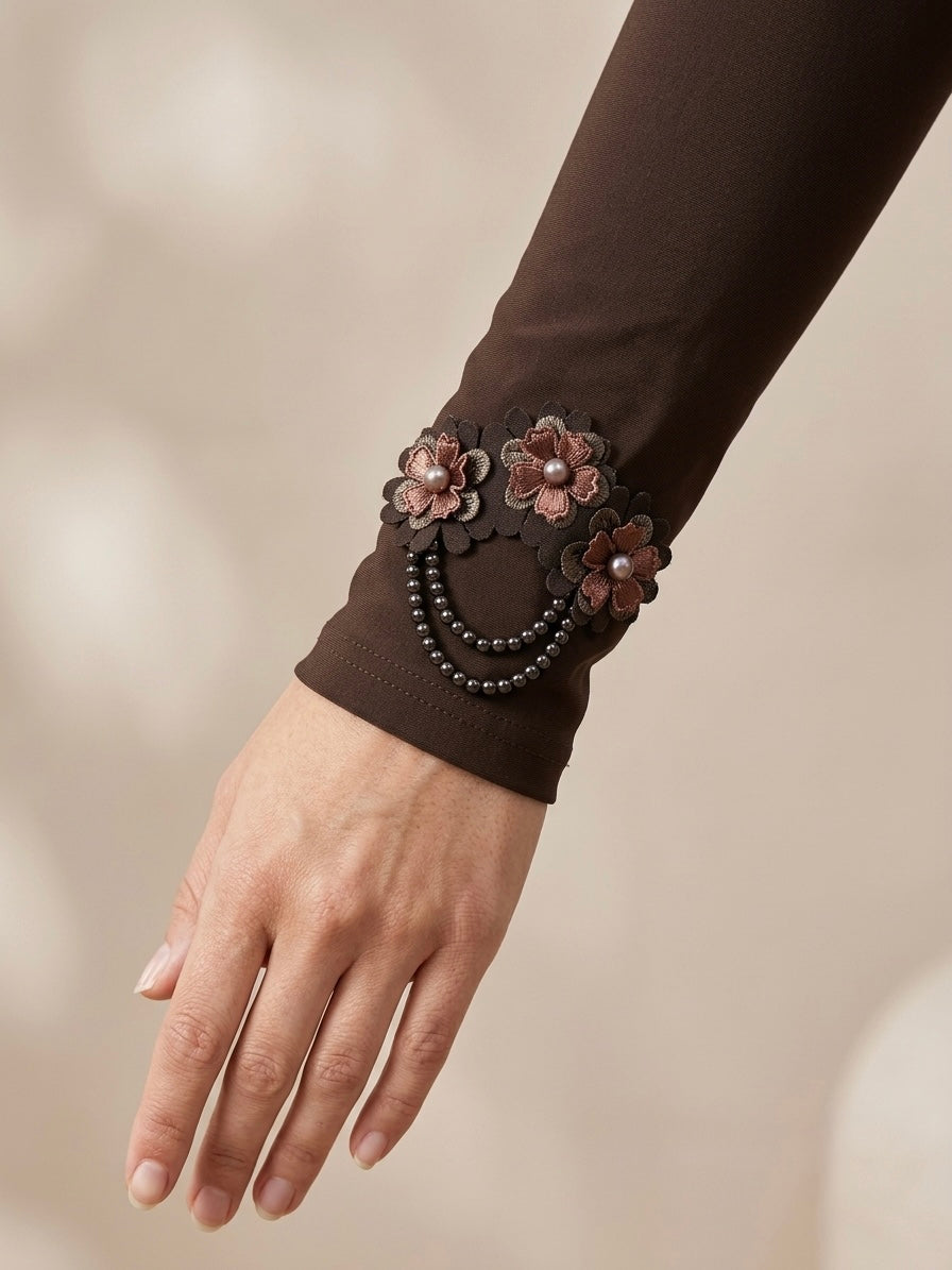 Mocha Brown Floral Pearl Handwork Sleeve