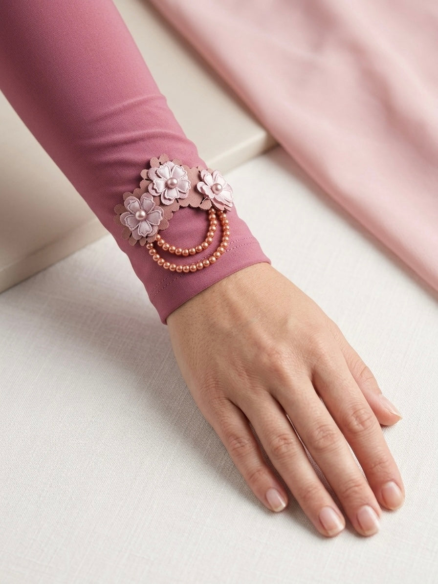 Elegant Dusty Pink Floral Pearl Handwork Sleeve