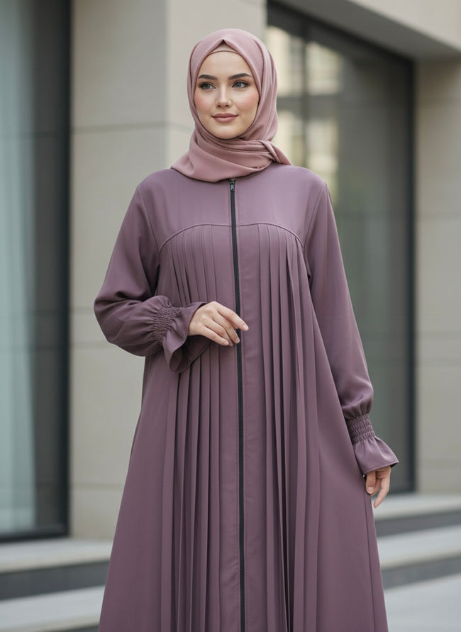Amara Pleated Executive Abaya – Dusty Mauve - Razia Hijab Hover Image