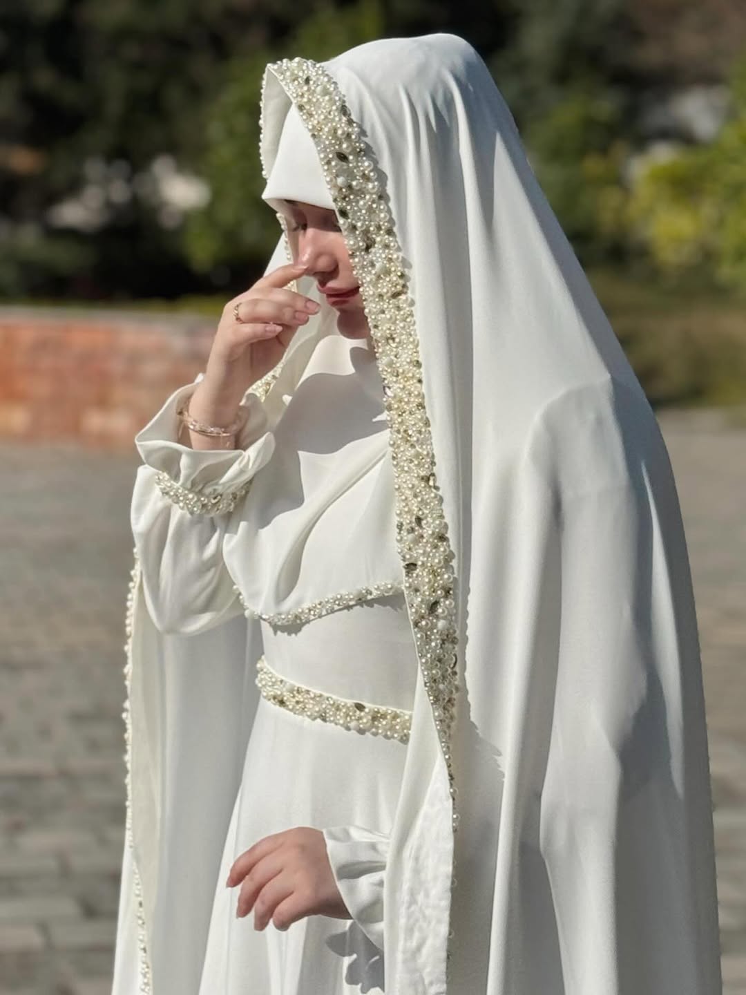 Luxury White Pearl-Embellished Nikah Bridal dress | Modest Hijab Wedding Dress | Handcrafted Beaded Muslim Bridal Wear - Razia Hijab