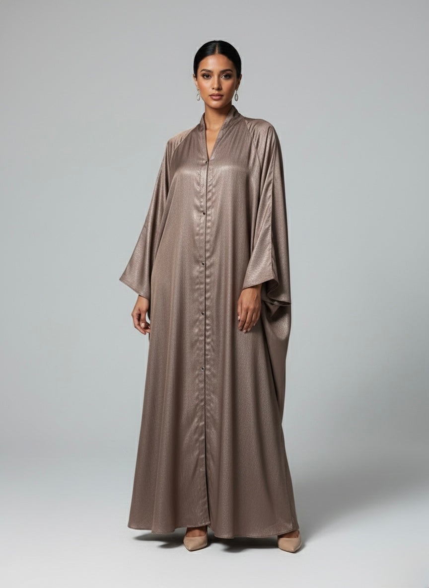Elegant Metallic Brown Flowing Abaya – Button Front Modest Outerwear - Razia Hijab