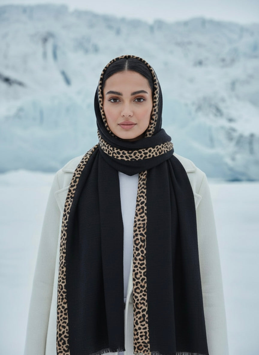 Chic Black Hijab with Leopard Print Border – Luxury Winter Edition Shawl - Razia Hijab
