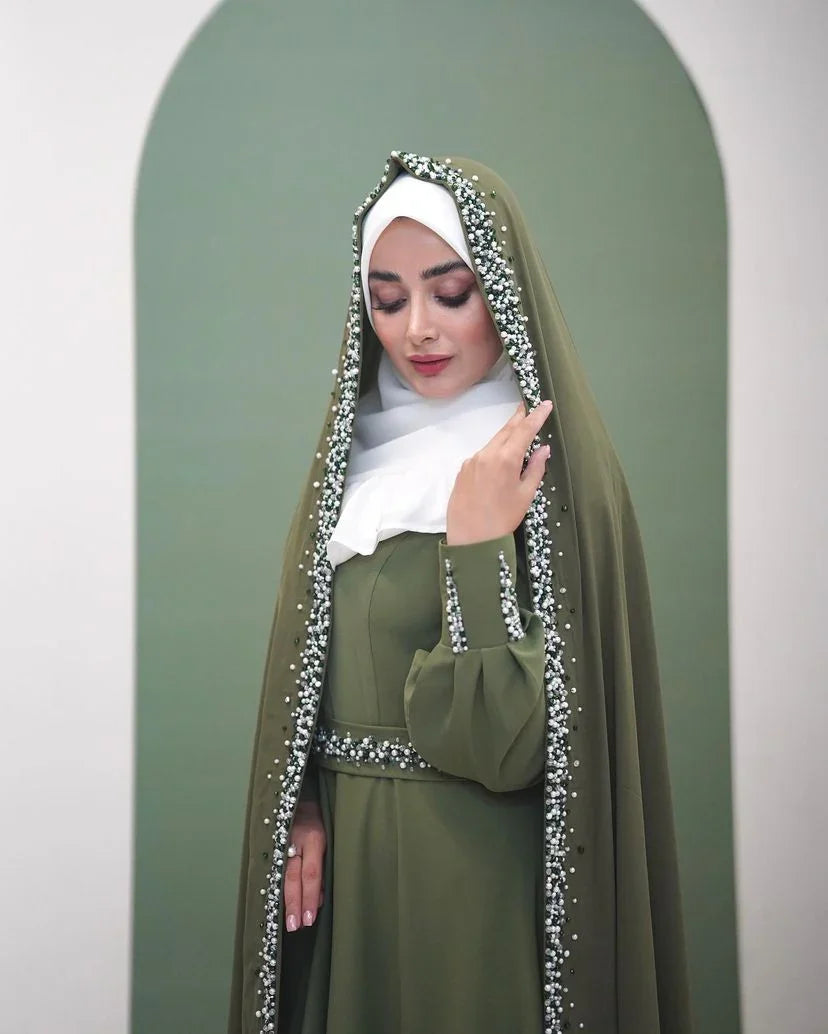 Festive Emerald Green Bridal Dress with Handwork Chador - Razia Hijab