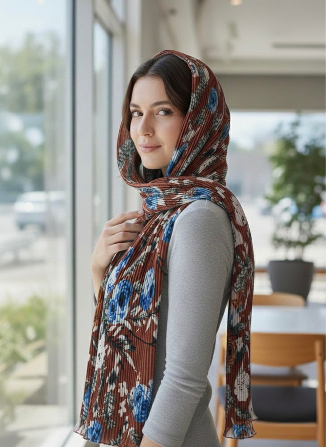 Premium Pleated Floral Lawn Hijab - Razia Hijab Hover Image