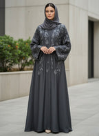 Premium Iranian Embroidered Abaya – Elegant Grey Floral Design with Matching Hijab - Razia Hijab