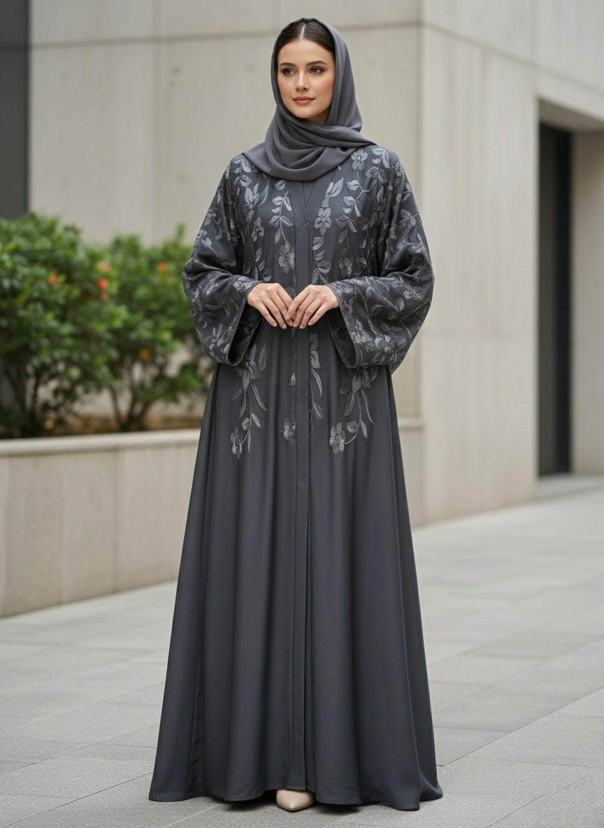 Premium Iranian Embroidered Abaya – Elegant Grey Floral Design with Matching Hijab - Razia Hijab