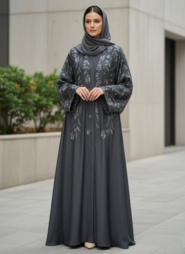 Premium Iranian Embroidered Abaya – Elegant Grey Floral Design with Matching Hijab - Razia Hijab Hover Image