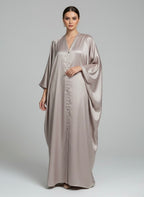 Elegant Silver Champagne Flowing Abaya – Button Front Modest Outerwear - Razia Hijab