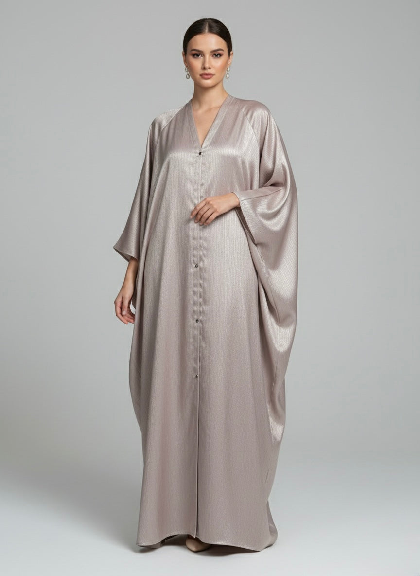 Elegant Silver Champagne Flowing Abaya – Button Front Modest Outerwear - Razia Hijab