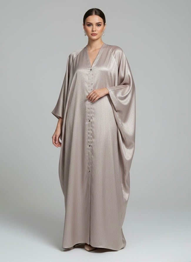 Elegant Silver Champagne Flowing Abaya – Button Front Modest Outerwear - Razia Hijab Hover Image