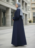 Navy Blue Zippered Abaya with Elastic Sleeves - Razia Hijab