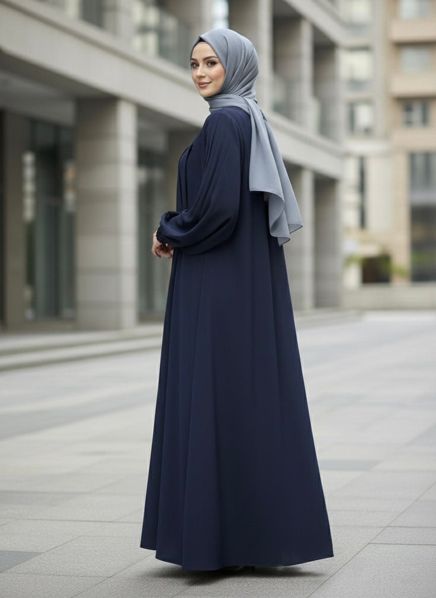 Navy Blue Zippered Abaya with Elastic Sleeves - Razia Hijab