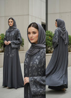 Premium Iranian Embroidered Abaya – Elegant Grey Floral Design with Matching Hijab - Razia Hijab