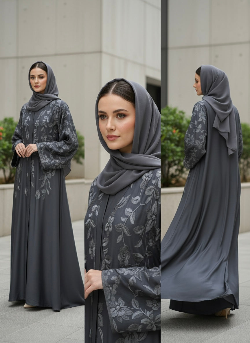 Premium Iranian Embroidered Abaya – Elegant Grey Floral Design with Matching Hijab - Razia Hijab