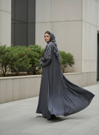 Premium Iranian Embroidered Abaya – Elegant Grey Floral Design with Matching Hijab - Razia Hijab
