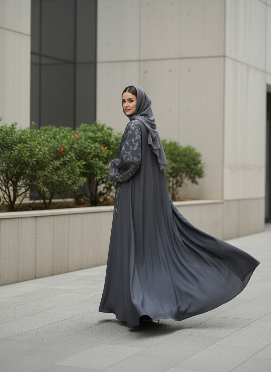 Premium Iranian Embroidered Abaya – Elegant Grey Floral Design with Matching Hijab - Razia Hijab