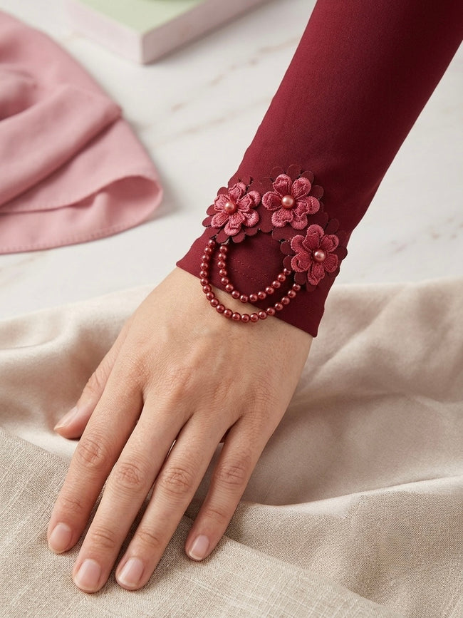 Elegant Burgundy Floral Pearl Handwork Sleeve Hover Image