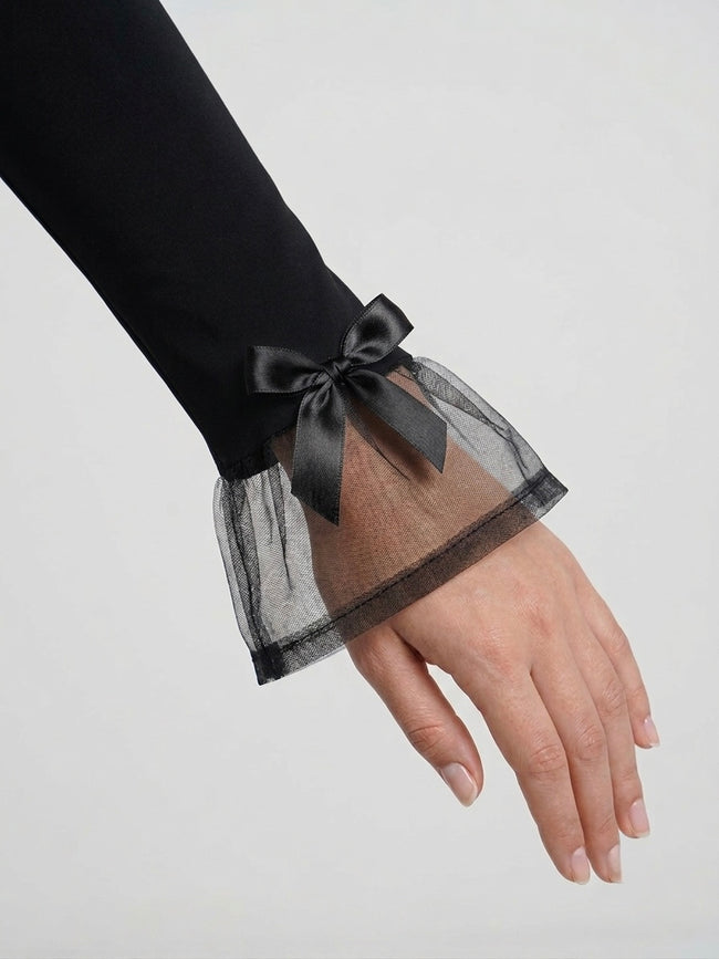 Black sheer bow cuff sleeve with satin bow detail for abaya Hover Image