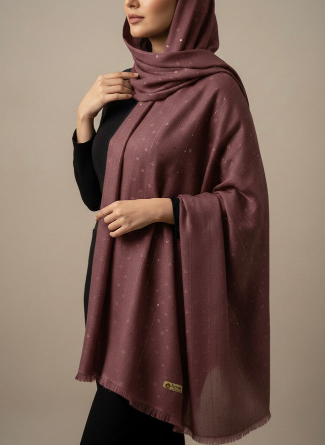 Premium Mauve Textured Shawl with Metallic Accents & Fringed Borders - Razia Hijab Hover Image