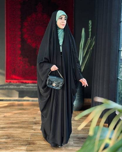 Elegant Black Irani Abaya – Front Open with Drawstring Sleeves