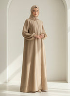 Elegant Golden Modest Abaya with Front Button Detail & Balloon Sleeves - Razia Hijab