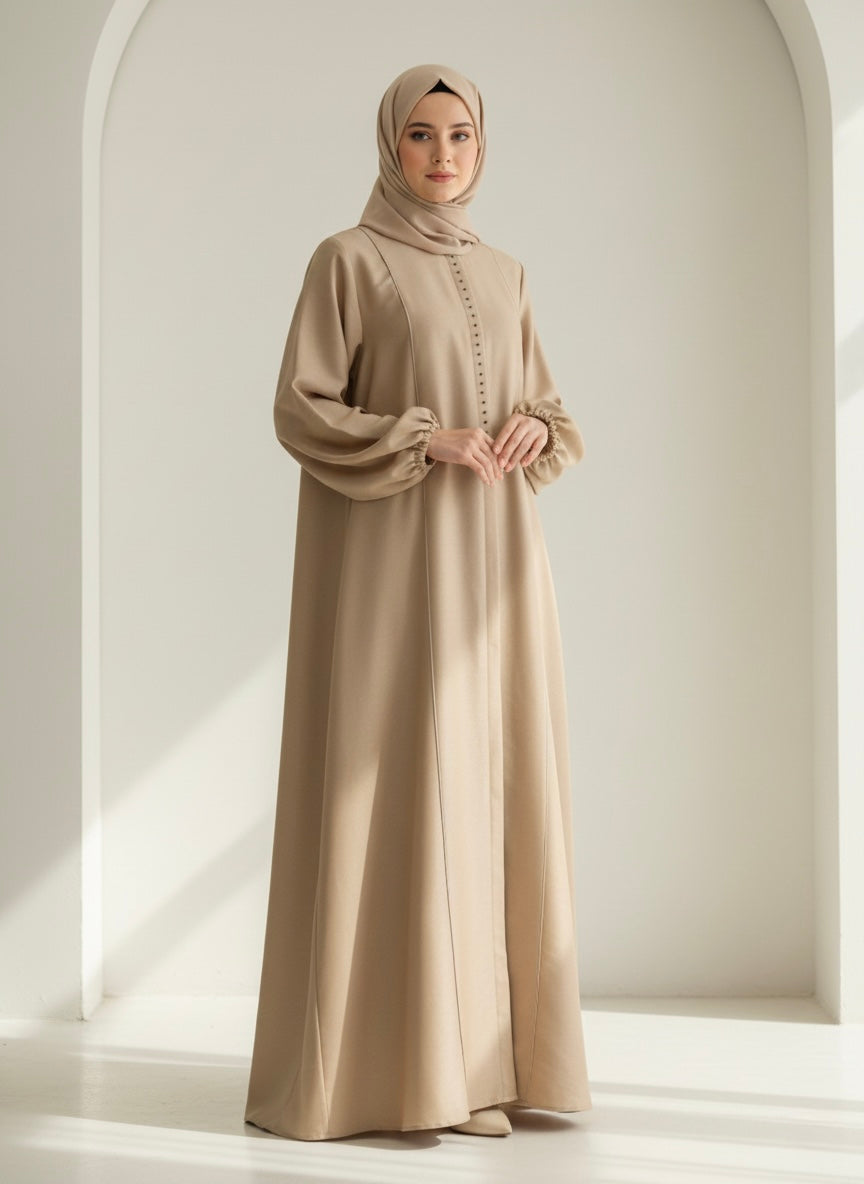 Elegant Golden Modest Abaya with Front Button Detail & Balloon Sleeves - Razia Hijab