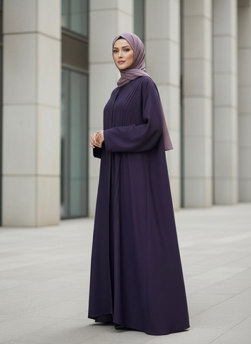 Elegant Deep Purple Pleated Abaya - Premium Nida Fabric - Razia Hijab