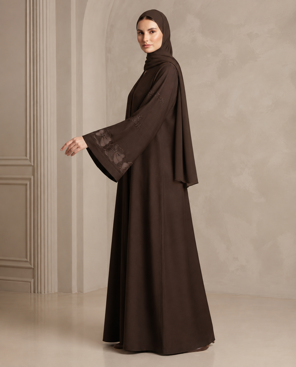 Elegant Embroidered Brown Abaya with Matching Hijab