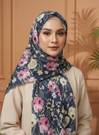 Premium Floral Bloom Lawn Hijab – Elegant Navy Blue - Razia Hijab