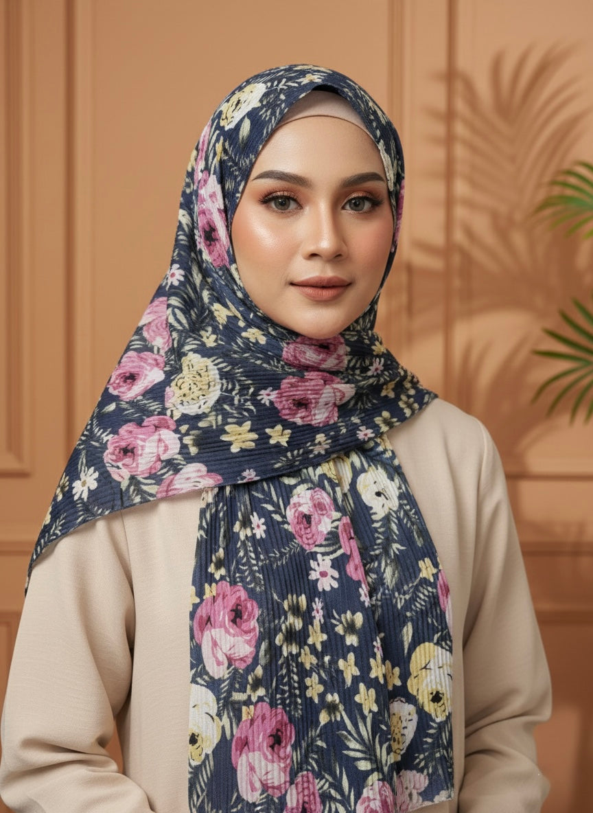 Premium Floral Bloom Lawn Hijab – Elegant Navy Blue - Razia Hijab