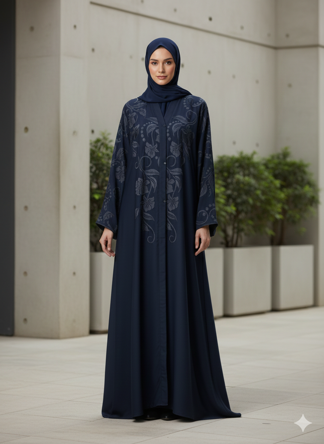 Elegant Navy Floral Abaya – Modest Long Flowing Dress with Full Sleeves & Front Button Closure - Razia Hijab Hover Image