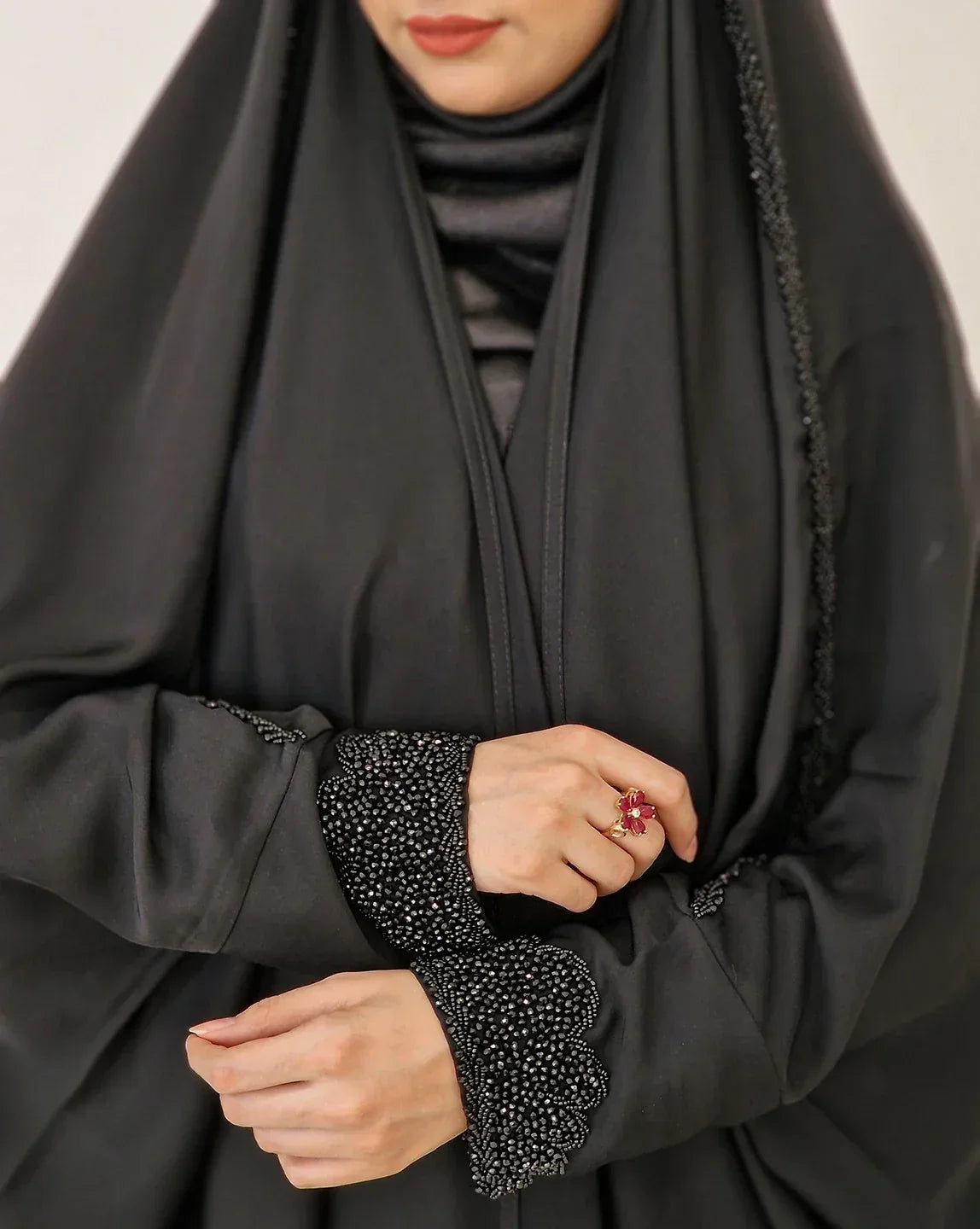 Iraqi abaya stonework detailing - Razia Hijab
