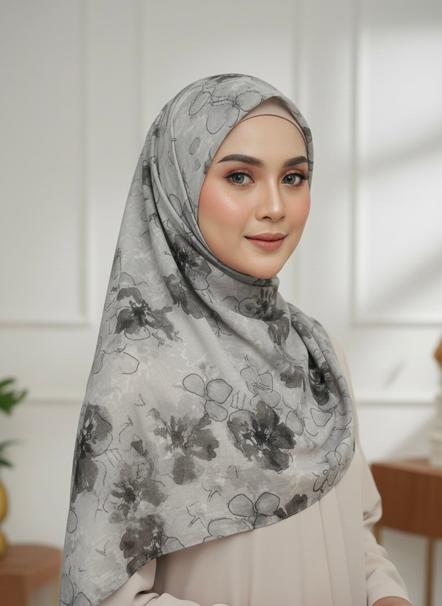 Premium Charcoal Floral Lawn Hijab - Razia Hijab