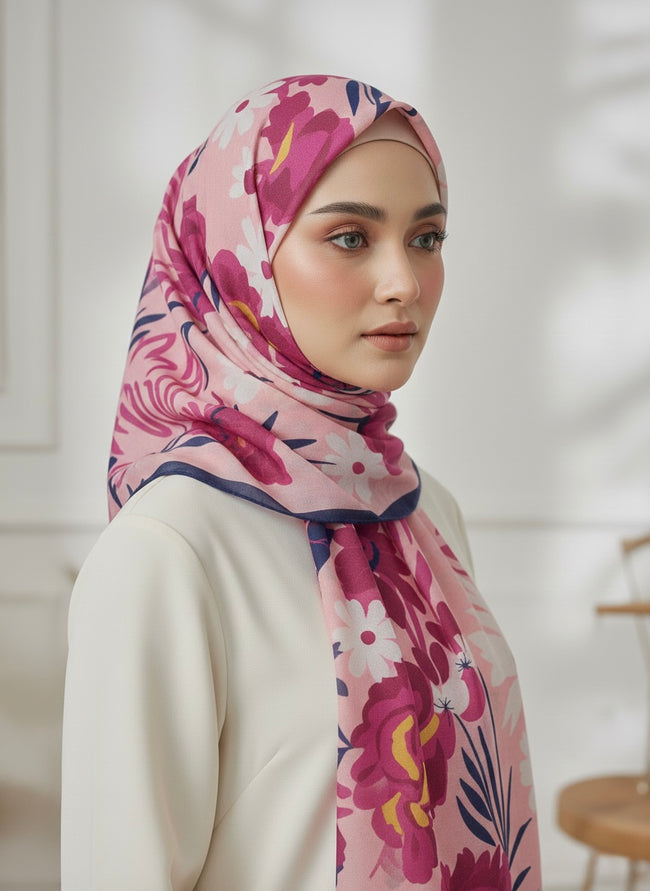 Premium Rose Pink Floral Lawn Hijab Main Image