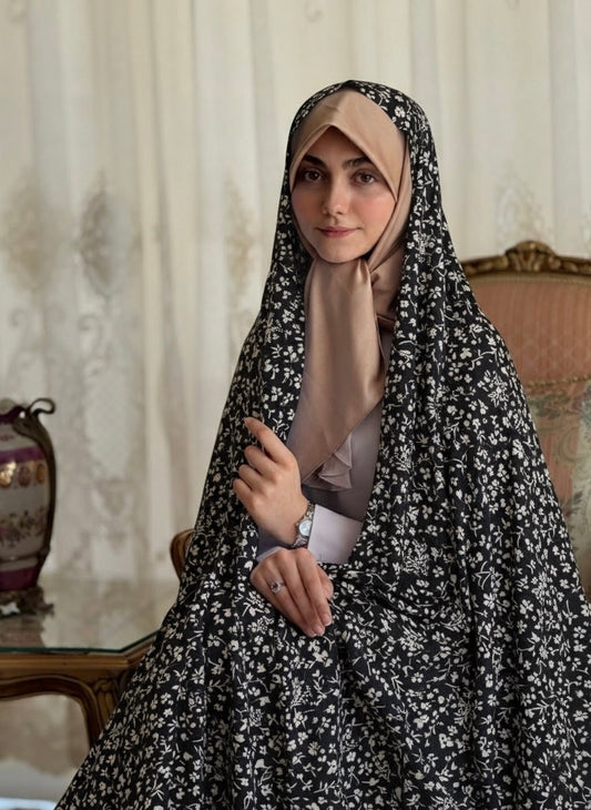 Premium Printed Iranian Linen Chador – Navy Blue Floral Elegance