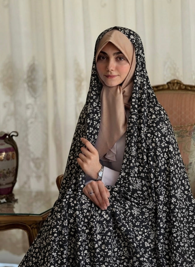 Premium Printed Iranian Linen Chador – Navy Blue Floral Elegance - Razia Hijab Hover Image