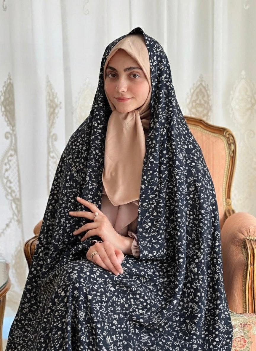 Premium Printed Iranian Linen Chador – Navy Blue Floral Elegance - Razia Hijab