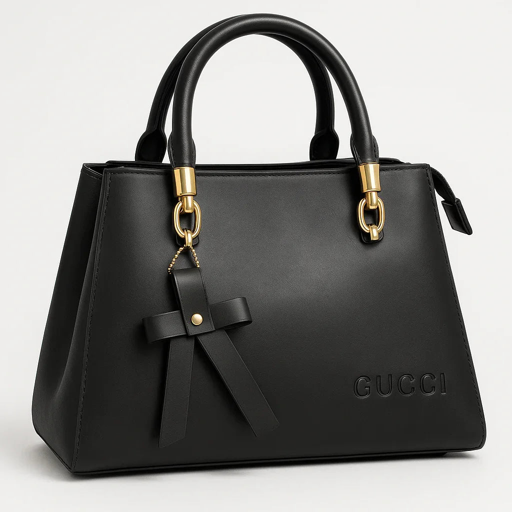 Luxury Gucci Black Leather Handbag – Elegant Gold Detailing - Razia Hijab