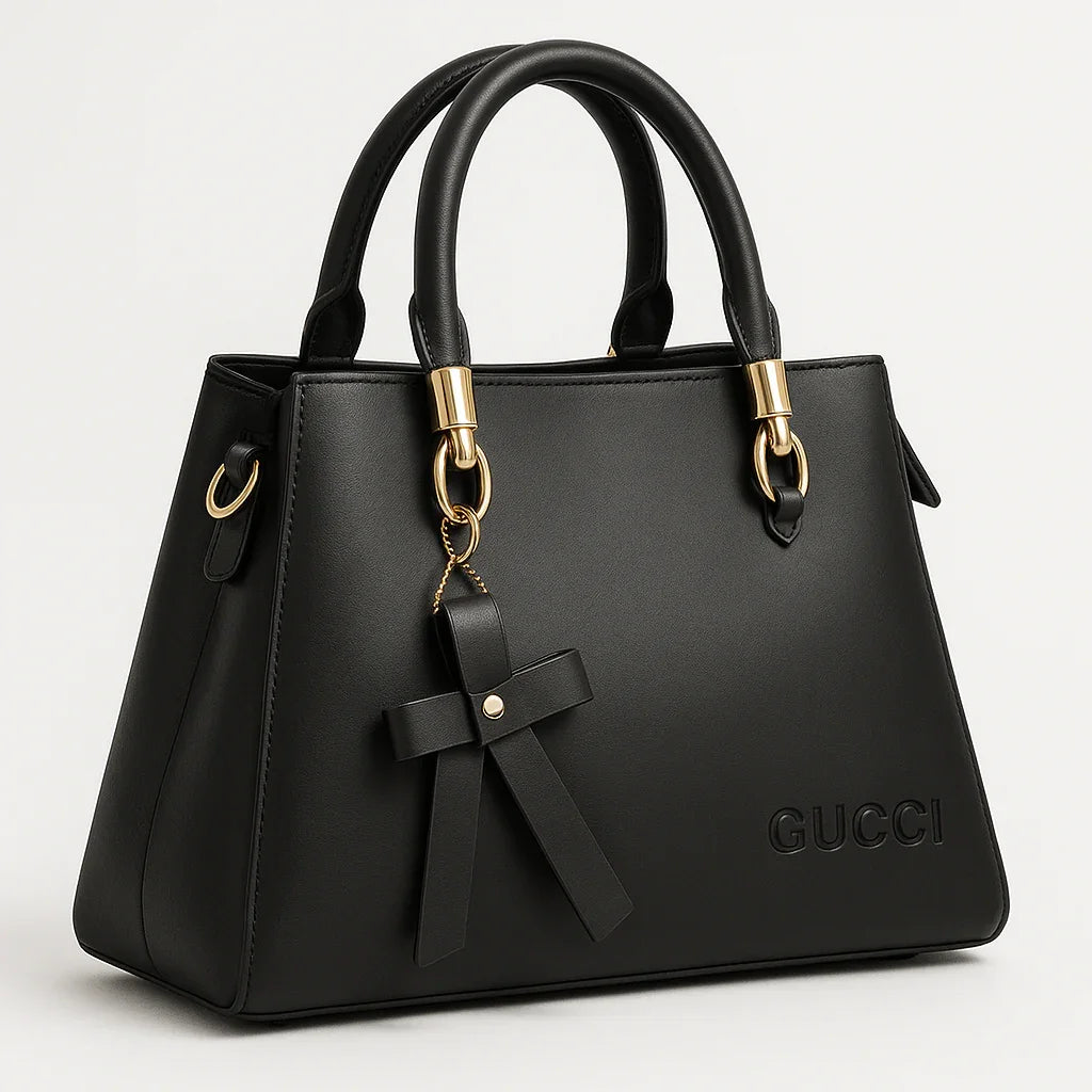 Luxury Gucci Black Leather Handbag – Elegant Gold Detailing - Razia Hijab