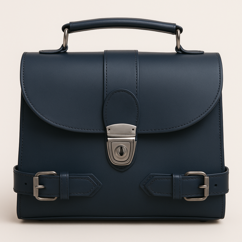 Premium Navy Blue Genuine Leather Satchel Bag with Secure Metal Lock and Adjustable Buckle Straps