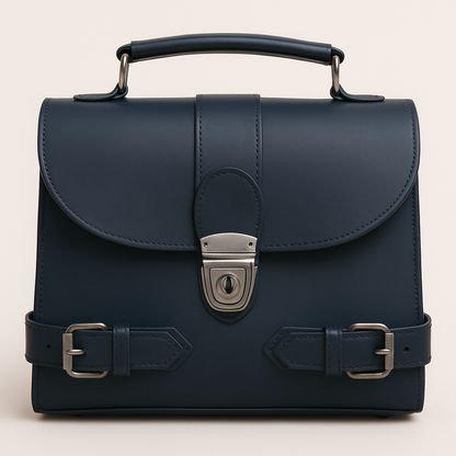 Premium Navy Blue Genuine Leather Satchel Bag with Secure Metal Lock and Adjustable Buckle Straps