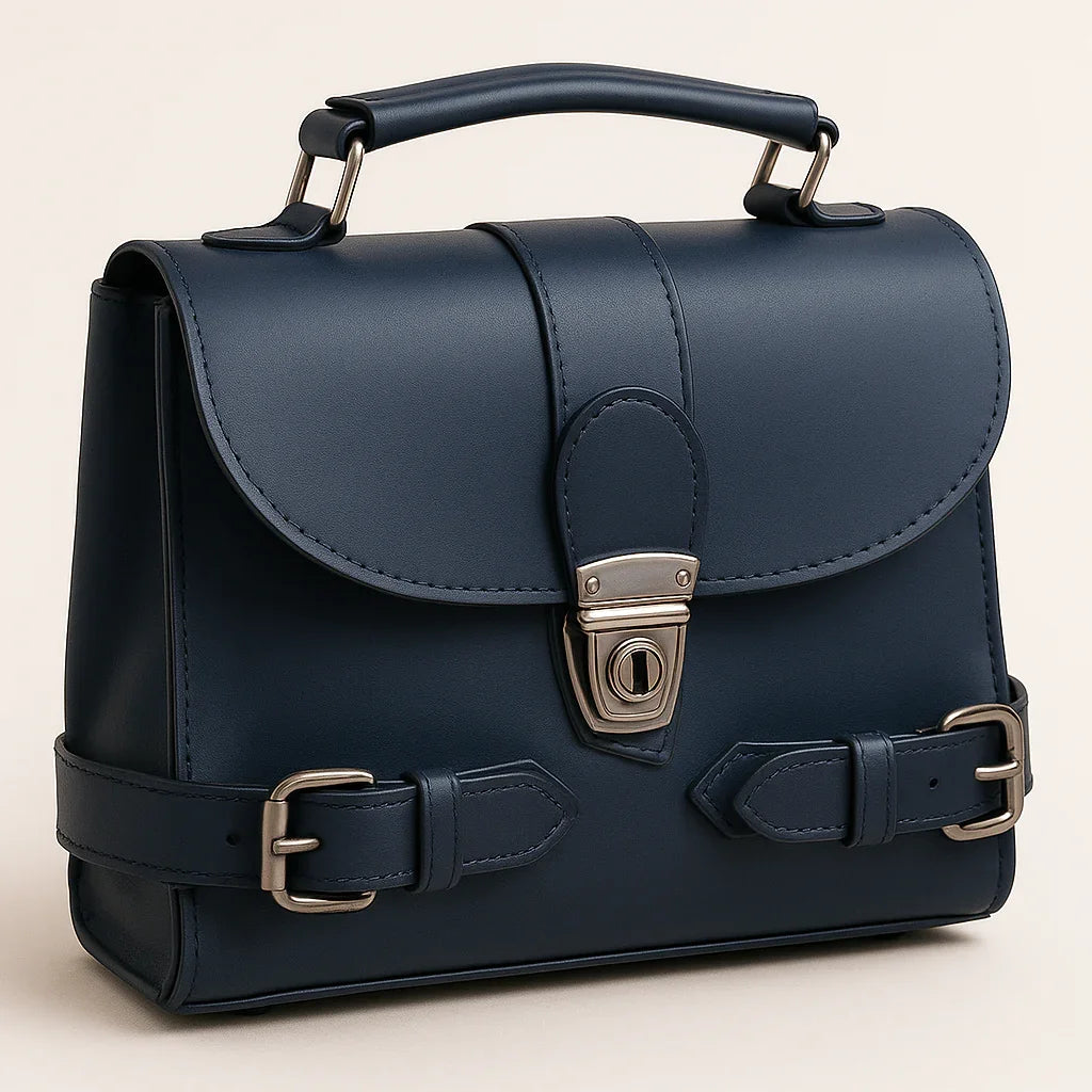 Premium Navy Blue Genuine Leather Satchel Bag with Secure Metal Lock and Adjustable Buckle Straps - Razia Hijab