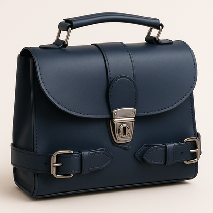 Premium Navy Blue Genuine Leather Satchel Bag with Secure Metal Lock and Adjustable Buckle Straps