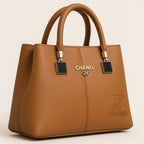 Luxury Caramel Brown Chanel-Inspired Tote Bag with Gold Hardware and Embossed Logo - Razia Hijab