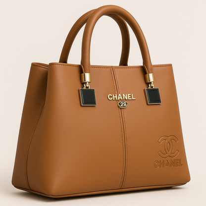Luxury Caramel Brown Chanel-Inspired Tote Bag with Gold Hardware and Embossed Logo