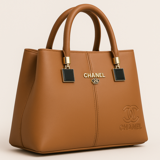 Luxury Caramel Brown Chanel-Inspired Tote Bag with Gold Hardware and Embossed Logo