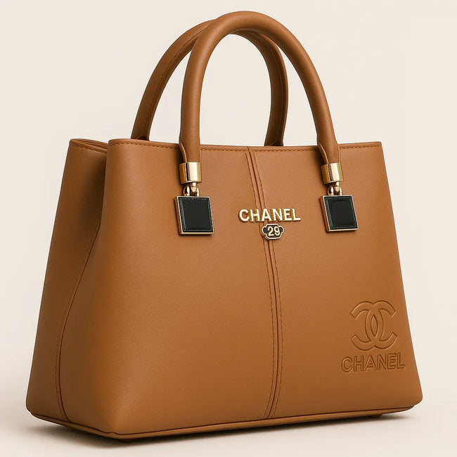 Luxury Caramel Brown Chanel-Inspired Tote Bag with Gold Hardware and Embossed Logo - Razia Hijab Hover Image